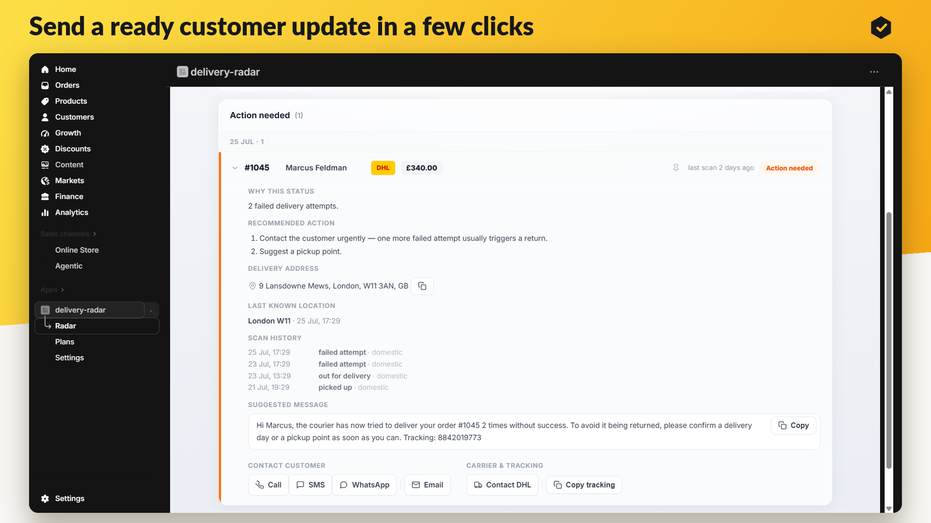 Prepared customer message with contact buttons
