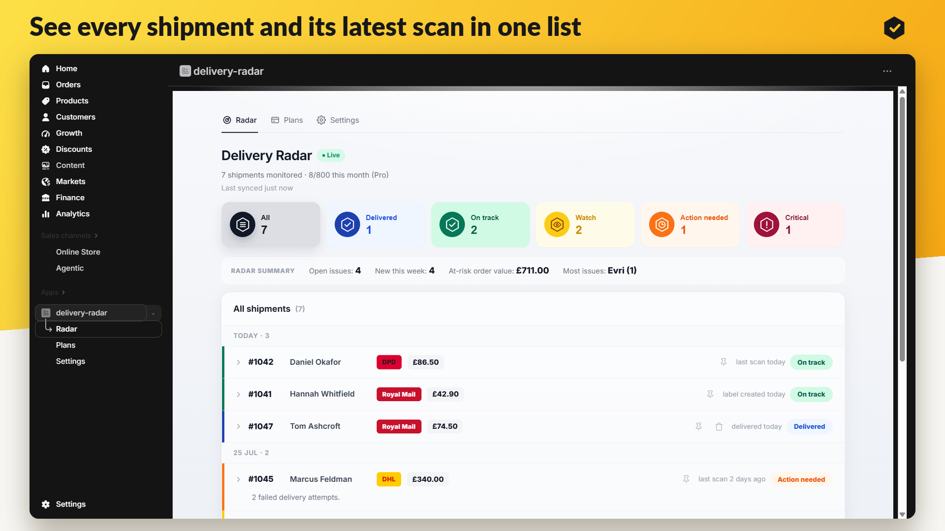 Carrier scan history for a shipment